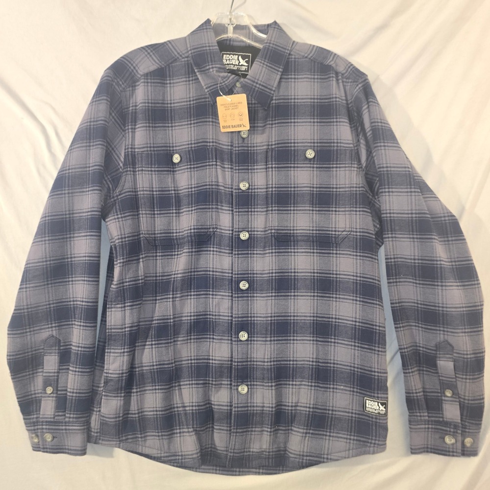 Eddie Bauer Field Flannel Shirt Jacket Size S Mens Blue Grey Fleece Lined Plaid